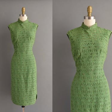 1950s dress | Gorgeous Sparkly Green Floral Lace Cheongsam Wiggle Dress | Medium | 50s vintage dress 