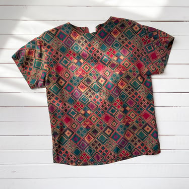 red silk blouse | 80s 90s vintage red green yellow geometric pattern short sleeve silk t-shirt 