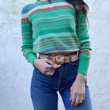 Vintage 70’s Partners From Mervyns Green Striped Knitted Acrylic Sweater 