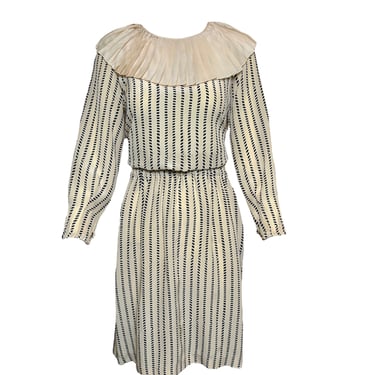 Chloe Beige and Navy Babydoll Silk Dress with Ruffle Collar