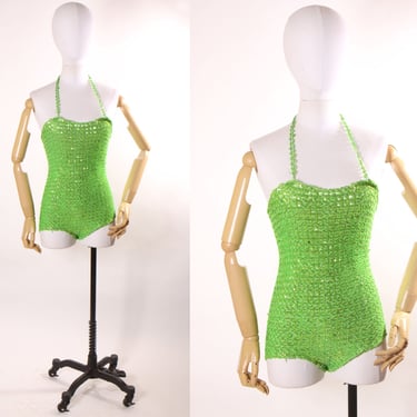 1960s Bright Green One Piece Stretchy Sequin Halter Neck Burlesque Showgirl Costume 