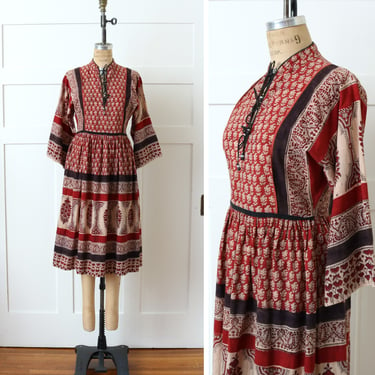 vintage India cotton bohemian dress • red & black Indian block print bell sleeve dress 