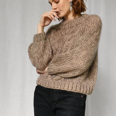 Chunky Braid Sweater — Hand Knit Mohair Cropped Pullover, Luxurious Oversized Cable Knit Sweater, Mockneck & Bubble Sleeves, Boxy Fit Raglan 