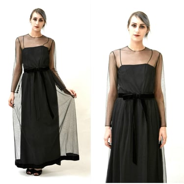 70s Vintage Black Dress Evening Gown Illusion Dress Size Small Medium// Black Long Black dress Prom Bridesmaid Small Medium Long Sleeve 