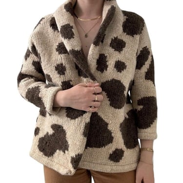 Hand Knit Womens Brown Cow Print Wool Chunky Oversized Cardigan Sz S 