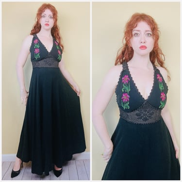 1980s Vintage Black Cotton Crochet Cross Stitch Maxi Dress / 80s Floral Sheer Waist Cross Back Gown / Size Small 