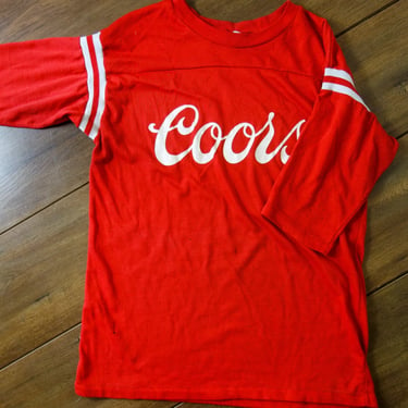 Vintage super worn in Coors beer t shirt 70s 80s large medium super soft faded red and white stripe ringer baseball tee gift single stitch 