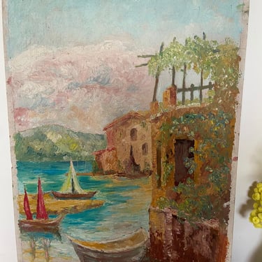 Beautiful vintage oil painting on board painted on both sides  Mediterranean and the church 