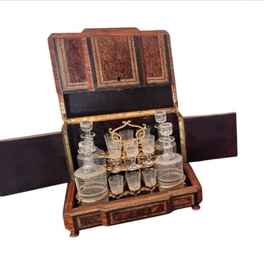 Antique French Napoleon III Period Amboyna Burlwood Tulipwood Mother of Pearl Brass Cave a Liqueur Baccarat Decanter Cordial Glass Set 