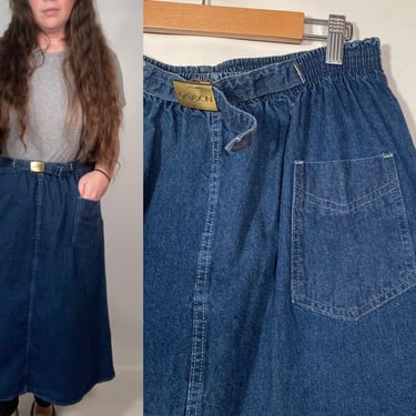 Vintage 80s Sasson Denim Midi Skirt With Logo Cinch Buckle Size L 