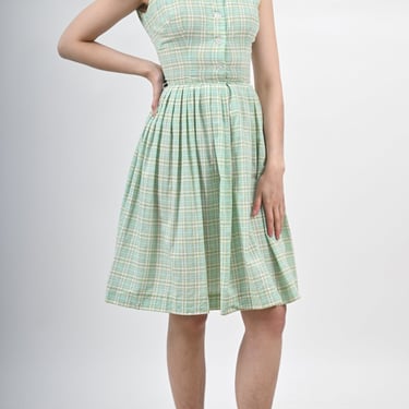 1960s Green Gingham Cotton Fit and Flare Sundress