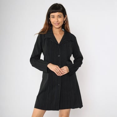 90s Black Pinstripe Jacket Dress Long Sleeve Suit Jacket Vintage 1990s Blazer Dress A-line Fitted Collared Office Jacket Medium 10 