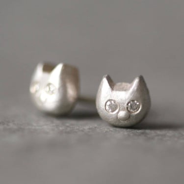 Baby Kitten Sterling Silver Earrings + Diamonds