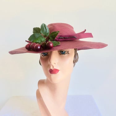 1940's Burgundy Maroon Fine Straw Wide Brim Hat with Cherries Trim 40's Millinery Spring Summer Rockabilly Retro Size 22.5 
