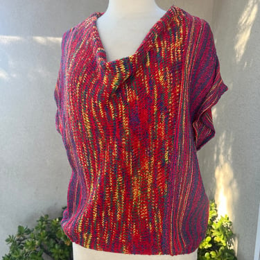 Vintage funky boho sheer top red purple hand weave knit Sz S/M 