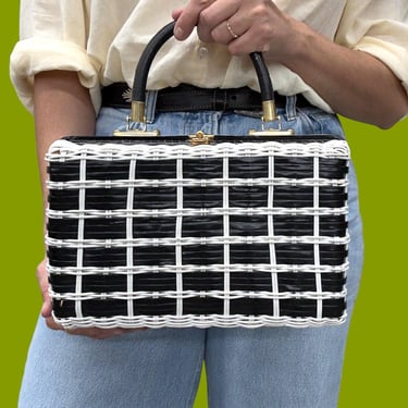 Vintage Top Handle Bag Retro 1960s Preppy + Jem + Hand Made + Woven Wicker + Basket Purse + Vinyl + Lucite + Black + White + Rectangle 
