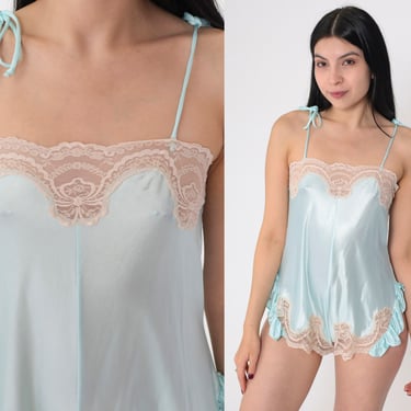 80s Lingerie Teddy Romper Baby Blue Lace Teddie High Cut Ruffled Bodysuit One Piece Romantic Boudoir Vintage 1980s Danielle Extra Small xs 