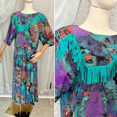 FABULOUS Artsy 2-Piece Crop Top and Skirt, Fringe, Native American Print, 80s Vintage, Slouchy Top, Full Skirt 