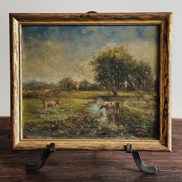 Original Antique Oil Painting, Creekside Grazing Cows 