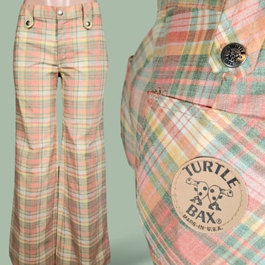 1960s pastel plaid pants vintage TURTLE BAX low rise hip hugger bell bottoms melon colors playful mod lots of branding (modern size 6) 