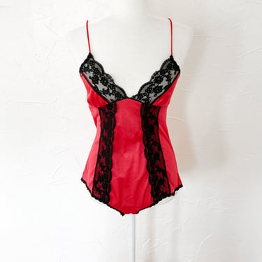 70s Red and Black Lace Lingerie Teddy Bodysuit | Medium 