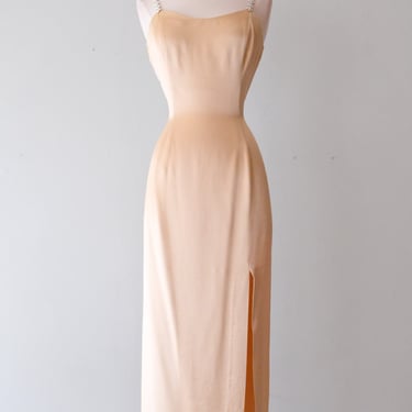 Sumptuous 1990's Pale Gold Satin Evening Gown with Daisy Chain Straps / Sz M