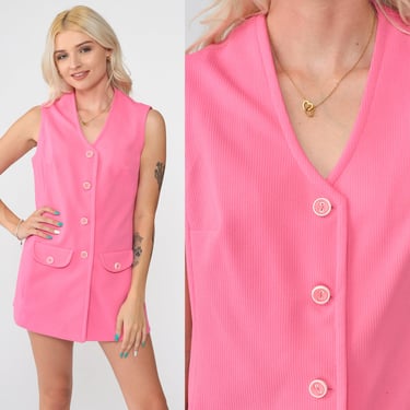 Pink Tank Top 70s Blouse V Neck Retro Button Up Boho Shirt Sleeveless Top Vintage Bohemian 1970s Plain Polyester Knit Small S 