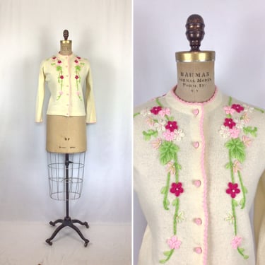 Vintage 60s Cardigan | Vintage ivory pink wool floral Cardigan | 1960's embroidered Evan Picone jumper 