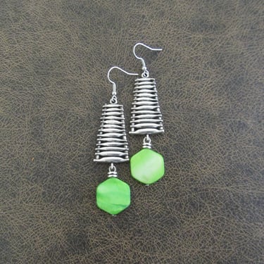 Lime green coral mother of pearl shell earrings 