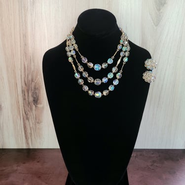 Vintage AB Crystal Necklace and Earrings, 30 inch 