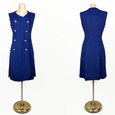 VINTAGE 60s Navy Blue Linen MOD double Breasted Wrap Dress | 1960s Button Front Scooter Mini Dress | Size 10 vfg 