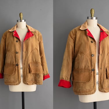 Vintage Utility Jacket | Chore Coat Canvas Tan Jacket | Medium Large 