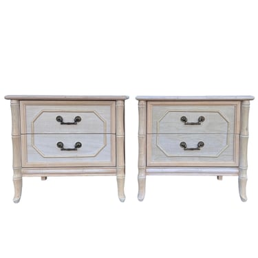 Faux Bamboo Nightstands by Broyhill FREE SHIPPING - Set of 2 Vintage White Wash Hollywood Regency End Tables Palm Beach Furniture Pair 