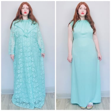 1970s Vintage Mint Green Polyester Plus Size Dress Set / 70s Lace Duster and Knit Disco Maxi Gown / Size 3X 