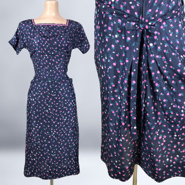 VINTAGE 40s Navy Blue Silk Novelty Radish Fruit Print Dress with Pockets | 1940s Art Deco Vegetable Print Bombshell Dress | VFG 