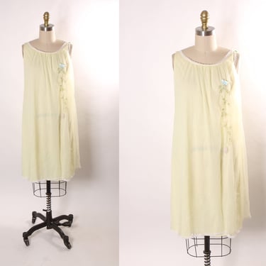 1950s 1960s Yellow, Green and Blue 3D Flower Floral Nylon Lingerie Night Gown by Nan Flower -L 