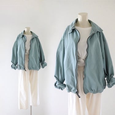 sage cotton bomber jacket - vintage 90s y2k light green unisex mens womens lightweight zip fall oversized coat 