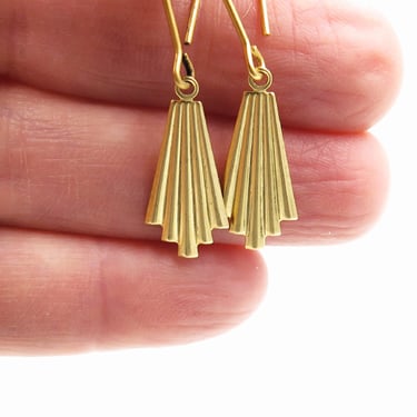 Gold Art Deco Earrings, Mid Century Modern, Geometric Jewelry, Long Fan Earrings, Modernist, Gift for Women 