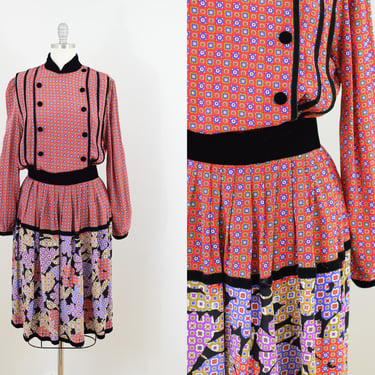 Vintage 1980s Oscar de la Renta Silk and Velvet Dress Set | M | 80s/1990s Mixed Print Pleated Skirt and Blouse | Designer 