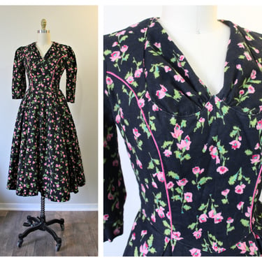 Vintage 1940s Flannel One of a Kind Black Pink Rose Dress Fit & Flare  // Modern Size US 0 2 4 xs Small 