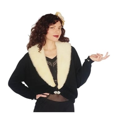 1950s Black Cardigan White Mink Fur Collar 