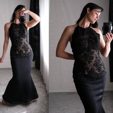 Vintage 80s San Carlin for Saks Fifth Avenue Black Beaded Baroque Corset Halter Mermaid Gown | Made in USA | 1980s Designer Evening Dress 