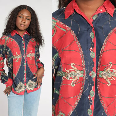 Silk Baroque Blouse Y2K Red Blue Button Up Top Long Sleeve Dagger Spiral Print Shirt Retro Statement Novelty Bohemian Vintage 00s Small S 