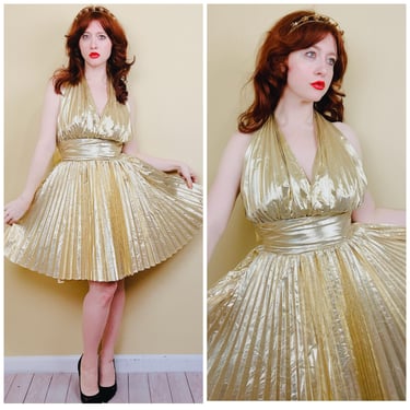 1980s Vintage Dave and Johnny Gold Bombshell Halter Dress / 80s Lame Metallic Pleated Bow Back Party Gown / Medium - Large 