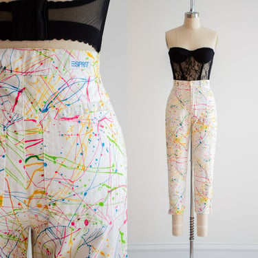 high waisted pants 80s vintage Esprit Sport white rainbow paint splatter cotton cropped pants 