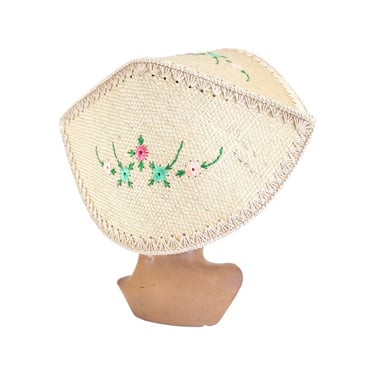 1950s Natural Straw Conical Sun Hat with Raffia Flowers - 1950s Conical Sun Hat - 1950s Straw Sun Hat - 1950s Raffia Sun Hat - 50s Tiki Hat 