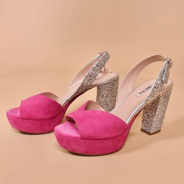Pink Suede and Silver Glitter Platform Heels By Miu Miu, 8.5