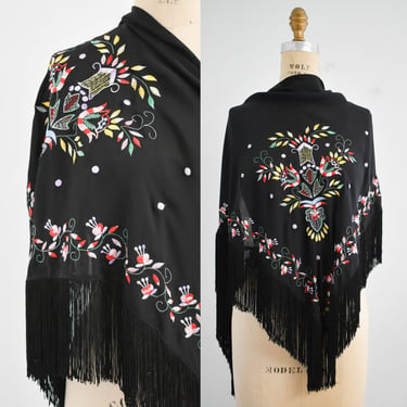1990s Embroidered Silk Fringed Shawl 
