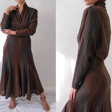 Vintage 80s Norma Kamali Striped Vintage Dress W/ Godet Hem | Deep Fall Neutrals | Avant Garde | 1980s Designer Dress , 1980s vintage dress 