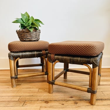 Rattan Stools with Brown Cushions